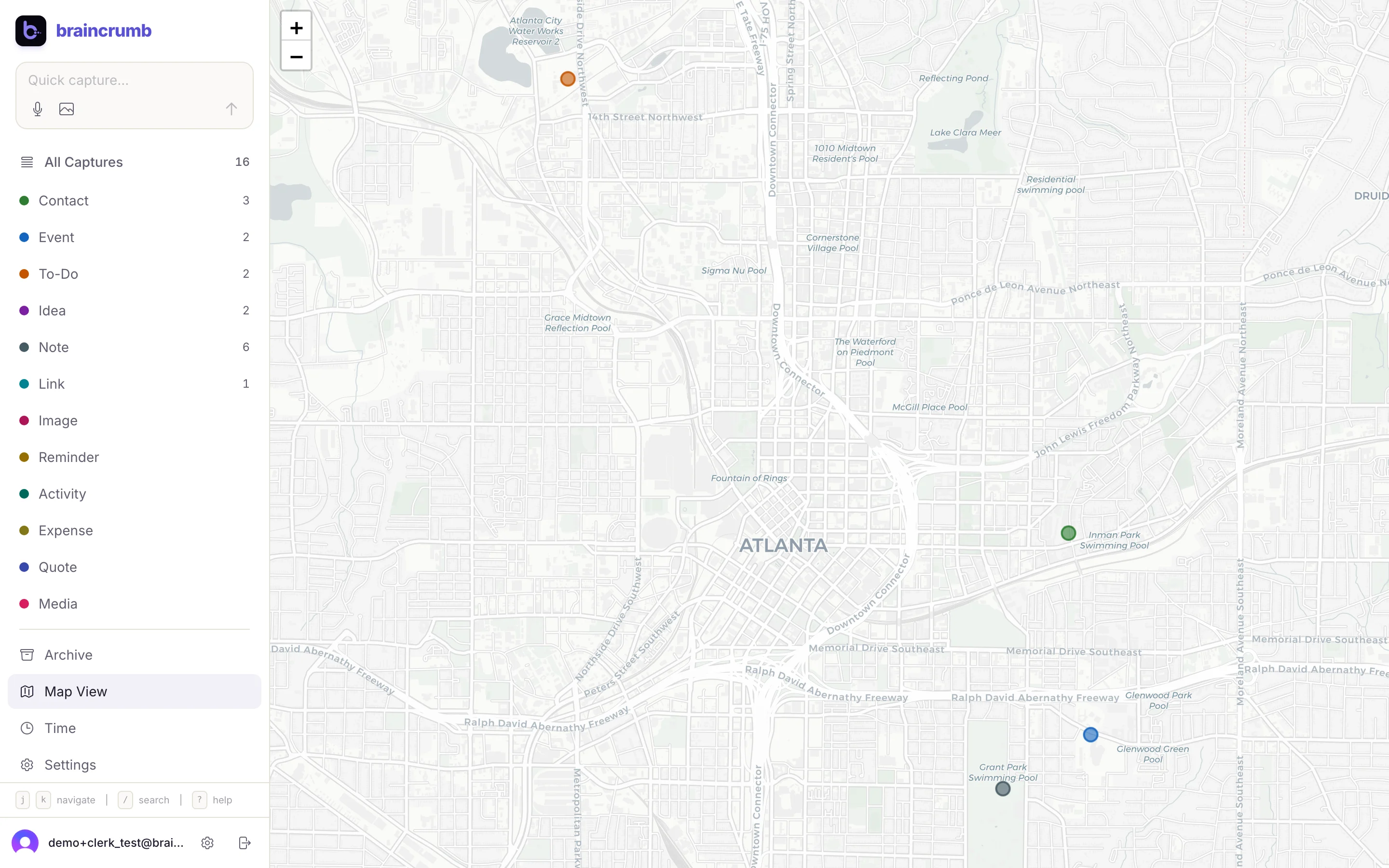 The BrainCrumb map view: captures shown as colored category dots pinned across an Atlanta street map, with the twelve-category sidebar on the left.